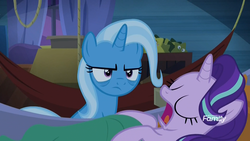 Size: 1920x1080 | Tagged: safe, screencap, trixie, pony, unicorn, g4, road to friendship, angry, annoyed, bags under eyes, duo, female, hammock, mare, sleeping, snorelight glimmer, snoring, tired, trixie is not amused, trixie's wagon, unamused