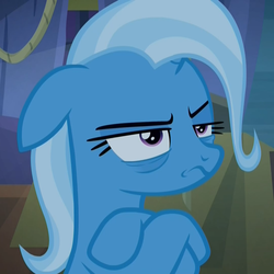 Size: 1078x1078 | Tagged: safe, screencap, trixie, pony, unicorn, g4, road to friendship, annoyed, bags under eyes, cropped, crossed hooves, female, floppy ears, frown, mare, narrowed eyes, raised eyebrow, reaction image, solo, tired, trixie is not amused, unamused