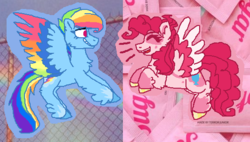 Size: 531x301 | Tagged: safe, artist:latiapainting, pinkie pie, rainbow dash, pegasus, pony, g4, colored hooves, colored wings, concave belly, eyes closed, female, g5 concept leak style, g5 concept leaks, mare, ms paint, multicolored wings, open mouth, pinkie pie (g5 concept leak), rainbow dash (g5 concept leak), rainbow wings, smiling