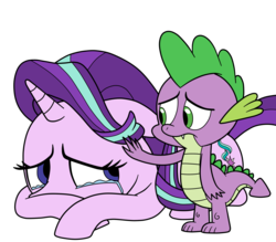 Size: 1737x1521 | Tagged: safe, artist:eagc7, spike, starlight glimmer, dragon, pony, unicorn, g4, comforting, crying, female, male, mare, sad, simple background, teary eyes, transparent background