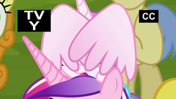 Size: 1920x1080 | Tagged: safe, screencap, princess cadance, princess flurry heart, alicorn, earth pony, pony, g4, road to friendship, baby, baby pony, covering eyes, female, flurry heart riding cadance, male, mare, mother and daughter, ponies riding ponies, pony hat, riding, stallion, tv rating