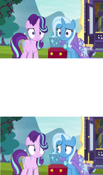 Size: 1920x3240 | Tagged: safe, screencap, starlight glimmer, trixie, pony, unicorn, g4, my little pony: friendship is magic, road to friendship, chest, discovery family logo, duo, embarrassed, exploitable meme, eye contact, female, looking at each other, mare, meme, trixie's wagon, weirded out, wide eyes