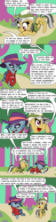 Size: 1000x4000 | Tagged: safe, artist:bjdazzle, a.k. yearling, daring do, pegasus, pony, unicorn, g4, the end in friend, artist interpretation, azurantium, comic, fedora, female, friendship, hat, headcanon, implied rainbow dash, implied rarity, investigation, looking down, magnifying glass, mare, no spoilers, path, pith helmet, season 8 homework assignment, shadow spade, shadow spade is real, tree