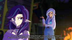 Size: 1280x720 | Tagged: safe, artist:jonfawkes, starlight glimmer, trixie, human, g4, road to friendship, bags under eyes, clothes, duo, elf ears, female, fire, humanized, looking back, night, scene interpretation, text, unicorns as elves