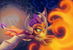 Size: 2000x1387 | Tagged: safe, artist:discorded, smolder, dragon, g4, dragoness, female, fire, fire breath, firebreathing, flying, mountain, solo