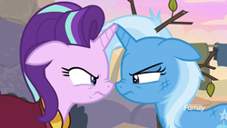 Size: 1920x1080 | Tagged: safe, screencap, starlight glimmer, trixie, pony, unicorn, g4, road to friendship, angry, clothes, discovery family logo, duo, ears back, eye contact, female, looking at each other, mare, messy mane, narrowed eyes, nose to nose, nose wrinkle, robe, stare, stare down, stick