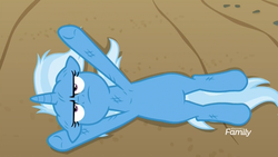 Size: 1920x1080 | Tagged: safe, screencap, trixie, pony, unicorn, g4, road to friendship, angry, desert, ears back, female, frown, lying down, mare, messy mane, narrowed eyes, prone, roadblock, solo, you shall not pass