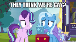 Size: 600x337 | Tagged: safe, edit, edited screencap, screencap, starlight glimmer, trixie, pony, unicorn, g4, road to friendship, cape, clothes, discovery family logo, female, image macro, implied lesbian, implied shipping, implied startrix, lesbian, looking at each other, mare, meme, memeful.com, trixie's cape