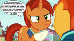 Size: 1280x720 | Tagged: safe, edit, edited screencap, screencap, stellar flare, sunburst, g4, season 8, the parent map, angry, caps lock, nagging, raised hoof, sire's hollow, speech bubble, text, that pony sure does want grandfoals, yelling