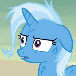 Size: 1079x1078 | Tagged: safe, screencap, trixie, pony, unicorn, g4, road to friendship, cropped, female, floppy ears, injured, mare, messy mane, reaction image, shocked, solo, stare, thousand yard stare, wat