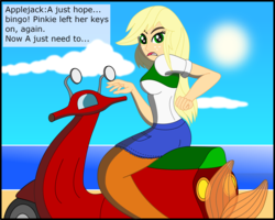 Size: 2293x1837 | Tagged: safe, artist:physicrodrigo, edit, editor:rmzero, part of a set, applejack, mermaid, series:equestria mermaids, equestria girls, g4, beach, bench, boots, cellphone, clothes, cloud, coast, curse, cursed, day, dialogue, dress, funetik aksent, implied pinkie pie, mermaidized, ocean, part of a series, phone, sand, scooter, shoes, smartphone, solo, species swap, surprised, text, transformation, tree