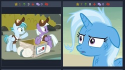 Size: 492x276 | Tagged: safe, screencap, appointed rounds, rainy day, trixie, pegasus, pony, unicorn, derpibooru, g4, road to friendship, female, juxtaposition, juxtaposition win, mail, mailmare, mare, meme, messy mane, meta