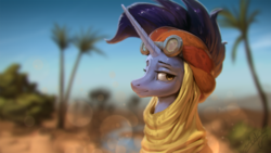 Size: 1440x810 | Tagged: safe, artist:assasinmonkey, hoo'far, pony, saddle arabian, unicorn, g4, road to friendship, blurry background, bust, clothes, desert, digital painting, looking at you, male, portrait, scenery, solo, stallion