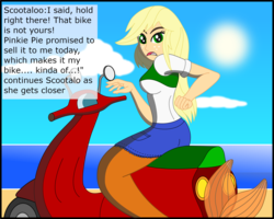 Size: 2293x1837 | Tagged: safe, artist:physicrodrigo, edit, editor:rmzero, part of a set, applejack, mermaid, series:equestria mermaids, equestria girls, g4, beach, bench, boots, clothes, cloud, coast, curse, cursed, day, dialogue, dress, implied scootaloo, mermaidized, ocean, part of a series, sand, scooter, shoes, solo, species swap, surprised, text, transformation, tree