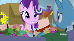 Size: 1920x1080 | Tagged: safe, screencap, starlight glimmer, trixie, pony, unicorn, g4, road to friendship, discovery family, discovery family logo, duo, female, hammock, logo, mare, smiling