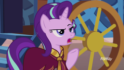 Size: 1920x1080 | Tagged: safe, screencap, starlight glimmer, pony, unicorn, g4, road to friendship, clothes, female, mare, raised eyebrow, raised hoof, robe, solo, starlight glimmer is not amused, unamused, wagon