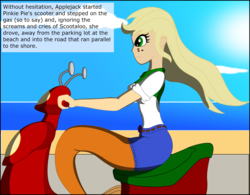 Size: 3683x2875 | Tagged: safe, artist:physicrodrigo, edit, editor:rmzero, part of a set, applejack, mermaid, series:equestria mermaids, equestria girls, g4, beach, bench, boots, clothes, cloud, coast, curse, cursed, day, dialogue, dress, high res, implied pinkie pie, implied scootaloo, mermaidized, ocean, part of a series, sand, scooter, shoes, solo, species swap, text, transformation, tree
