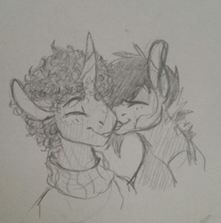 Size: 540x545 | Tagged: safe, artist:purple-blep, oc, oc:idle thoughts, pony, unicorn, cheek kiss, clothes, kissing, sketch, sweater, traditional art