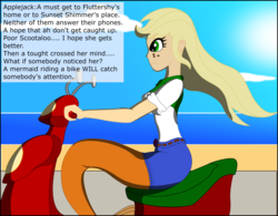 Size: 3683x2875 | Tagged: safe, artist:physicrodrigo, edit, editor:rmzero, part of a set, applejack, mermaid, series:equestria mermaids, equestria girls, g4, beach, bench, boots, clothes, cloud, coast, curse, cursed, day, dialogue, dress, funetik aksent, high res, implied fluttershy, implied scootaloo, implied sunset shimmer, mermaidized, ocean, part of a series, sand, scooter, shoes, solo, species swap, text, transformation, tree