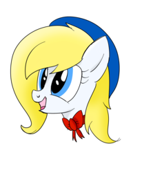 Size: 1400x1700 | Tagged: safe, artist:shyshyoctavia, oc, oc only, oc:treble spirit, earth pony, pony, blonde, blonde hair, blue eyes, bow, bust, female, gift art, happy, hat, mare, open mouth, sailor hat, simple background, solo, transparent background, yellow hair, yellow mane