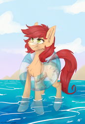 Size: 1378x2000 | Tagged: safe, artist:lonerdemiurge_nail, oc, oc only, oc:bead trail, earth pony, pony, beach, commission, digital art, ear fluff, eye clipping through hair, female, mare, red hair, red mane, red tail, signature, solo, water, ych result