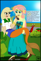 Size: 2116x3143 | Tagged: safe, artist:physicrodrigo, edit, editor:rmzero, part of a set, applejack, fluttershy, mermaid, series:equestria mermaids, equestria girls, g4, bench, clothes, cloud, coast, curse, cursed, day, dialogue, dress, high res, mermaidized, ocean, part of a series, sand, scooter, shoes, species swap, text, transformation, watermark