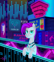 Size: 2372x2724 | Tagged: safe, artist:alexcooler, oc, oc only, unnamed oc, earth pony, pony, city, cyberpunk, future, high res, neon, solo