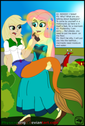 Size: 2116x3143 | Tagged: safe, artist:physicrodrigo, edit, editor:rmzero, part of a set, applejack, fluttershy, mermaid, series:equestria mermaids, equestria girls, g4, bench, clothes, cloud, coast, curse, cursed, day, dialogue, dress, high res, mermaidized, ocean, part of a series, sand, scooter, shoes, species swap, text, transformation, watermark