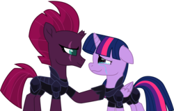 Size: 13381x8582 | Tagged: safe, artist:ejlightning007arts, tempest shadow, twilight sparkle, alicorn, pony, g4, my little pony: the movie, absurd resolution, armor, broken horn, crying, cute, eye scar, horn, scar, simple background, tears of joy, transparent background, twilight sparkle (alicorn), wavy mouth