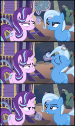 Size: 578x967 | Tagged: safe, edited screencap, screencap, starlight glimmer, trixie, pony, unicorn, g4, road to friendship, angry, boomerang (tv channel), comic, cup, drinking, duo, female, glass, juice, mare, passive aggressive, pitcher, screencap comic, smiling, smirk, starlight glimmer is not amused, tired, unamused