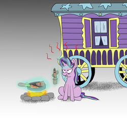 Size: 800x800 | Tagged: safe, artist:kushina13, starlight glimmer, pony, unicorn, g4, road to friendship, angry, campfire, carrot, eating, female, food, haniwa, mare, sitting, solo, trixie's wagon