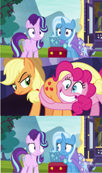 Size: 605x1025 | Tagged: safe, edit, edited screencap, screencap, applejack, pinkie pie, starlight glimmer, trixie, earth pony, pony, unicorn, g4, road to friendship, shadow play, cape, clothes, comic, discovery family logo, female, grin, happy, looking at each other, mare, meme, screencap comic, smiling, trixie's cape, trixie's wagon, wagon