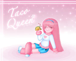 Size: 1740x1411 | Tagged: safe, artist:natt-tenshi, oc, oc only, oc:fluffle puff, equestria girls, g4, blushing, clothes, eating, equestria girls-ified, eyes closed, female, food, hairband, leg warmers, shoes, skirt, solo, taco, text