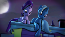 Size: 3840x2160 | Tagged: safe, artist:radiativespingear, starlight glimmer, trixie, pony, unicorn, g4, road to friendship, 3d, duo, female, high res, mare, moon, night, prone, source filmmaker, trixie's wagon