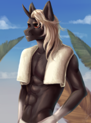 Size: 1024x1375 | Tagged: safe, artist:zefirayn, oc, oc only, unicorn, anthro, anthro oc, beach, commission, digital art, male, solo, stallion, vexel, ych result