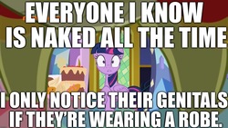 Size: 1920x1080 | Tagged: safe, edit, edited screencap, editor:useraccount, screencap, sludge (g4), twilight sparkle, alicorn, dragon, pony, father knows beast, g4, benis, clothes, female, image macro, implied nudity, male, meme, robe, twilight sparkle (alicorn), we don't normally wear clothes