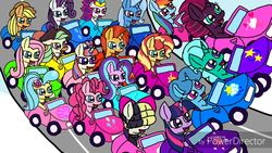 Size: 1280x720 | Tagged: safe, artist:徐詩珮, applejack, captain celaeno, fluttershy, glitter drops, moondancer, pinkie pie, princess skystar, queen novo, rainbow dash, rarity, songbird serenade, spring rain, starlight glimmer, sunburst, sunset shimmer, tempest shadow, trixie, twilight sparkle, earth pony, pegasus, pony, unicorn, g4, my little pony: the movie, broken horn, car, eye scar, horn, mane six, race track, scar, youtube link