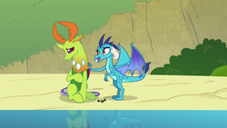 Size: 1280x720 | Tagged: artist needed, safe, princess ember, thorax, changedling, changeling, dragon, g4, triple threat, changeling king, dragon lord ember, dragoness, duo, female, king thorax, male