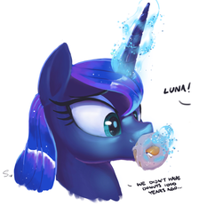 Size: 2194x2358 | Tagged: safe, artist:selenophile, derpibooru exclusive, princess luna, alicorn, pony, g4, :p, accidental lewdness, bust, dialogue, donut, donutsnootle, female, food, high res, magic, mare, offscreen character, portrait, silly, simple background, solo, suggestive eating, telekinesis, tongue out, white background
