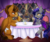 Size: 1600x1330 | Tagged: safe, artist:pvrii, oc, oc only, oc:ark angel, oc:midnight radiance, bat pony, pegasus, pony, bat pony oc, chair, crescent moon, drink, eiffel tower, glass, lidded eyes, moon, night, nightmarified, open mouth, sitting, stars, table