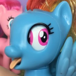 Size: 650x650 | Tagged: safe, pinkie pie, rainbow dash, pegasus, pony, g4, brushable, cursed image, derp, eye, eye scream, female, figurine, irl, not salmon, photo, tongue out, toy, wat, what has science done, wings