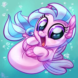 Size: 1800x1800 | Tagged: safe, artist:whitediamonds, silverstream, seapony (g4), g4, baby, baby seapony (g4), bubble, chibi, cute, diastreamies, female, fins, happy, looking at you, open mouth, seapony silverstream, solo, underwater, water, weapons-grade cute