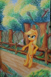 Size: 1828x2736 | Tagged: safe, artist:ironbeastz, applejack, earth pony, pony, g4, bipedal, bipedal leaning, blonde, fence, hatless, leaning, missing accessory, traditional art, tree