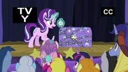 Size: 1920x1080 | Tagged: safe, screencap, blues, carrot top, golden harvest, hoo'far, linky, lucky clover, noteworthy, princess cadance, princess flurry heart, shoeshine, starlight glimmer, twilight sparkle, alicorn, pony, saddle arabian, unicorn, g4, road to friendship, aunt and niece, auntie twilight, baby, baby pony, chains, chest, clock, diaper, female, foal, magic, male, mare, mother and daughter, stage, stallion, twilight sparkle (alicorn)