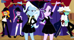 Size: 1024x559 | Tagged: safe, artist:rememberstar, sci-twi, starlight glimmer, sunset shimmer, trixie, twilight sparkle, oc, oc:calion disney, oc:jukebox james, equestria girls, g4, clothes, curtains, glasses, hat, high heels, looking at you, mary janes, miniskirt, ponytail, shoes, skirt, smiling, socks, stage