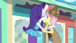 Size: 1920x1080 | Tagged: safe, screencap, rarity, vignette valencia, equestria girls, equestria girls specials, g4, my little pony equestria girls: better together, my little pony equestria girls: rollercoaster of friendship, cheek kiss, duo, female, kissing, la bise, out of context, rarity peplum dress