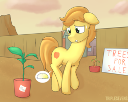 Size: 2500x2000 | Tagged: safe, artist:triplesevens, braeburn, earth pony, pony, g4, appleloosa, bladder gauge, crossed legs, desperation, high res, imminent plant watering, male, need to pee, omorashi, potty dance, potty emergency, potty time, solo, sunset, sweat, trotting in place, worried