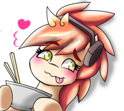 Size: 1120x1000 | Tagged: safe, artist:pencil bolt, oc, oc only, oc:tomyum, pony, cup, female, headphones, mare, simple background, smiling, solo, thailand, tongue out, white background