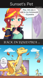 Size: 600x1088 | Tagged: safe, artist:tzc, derpy hooves, ray, sunset shimmer, dragon, leopard gecko, pegasus, pony, unicorn, wyvern, equestria girls, g4, clothes, comic, dragonified, jacket, leather jacket, portal, royal guard, single page comic, species swap, speech bubble, text