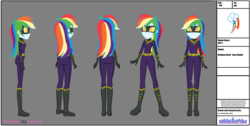 Size: 3715x1877 | Tagged: safe, artist:invisibleink, rainbow dash, equestria girls, g4, alternate timeline, belt, boots, clothes, commission, fanfic, fanfic art, female, gloves, mask, model sheets, production art, shoes, solo, superhero, turnaround